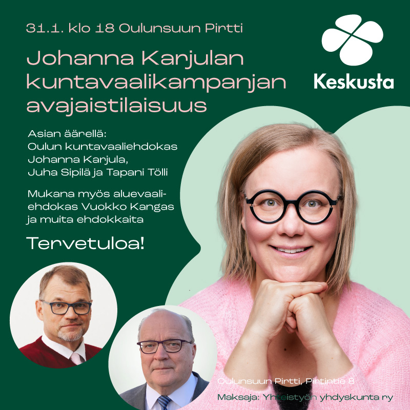 Mainoskuva Johanna Karjulan kuntavaalikampanjan avajaistilaisuudesta